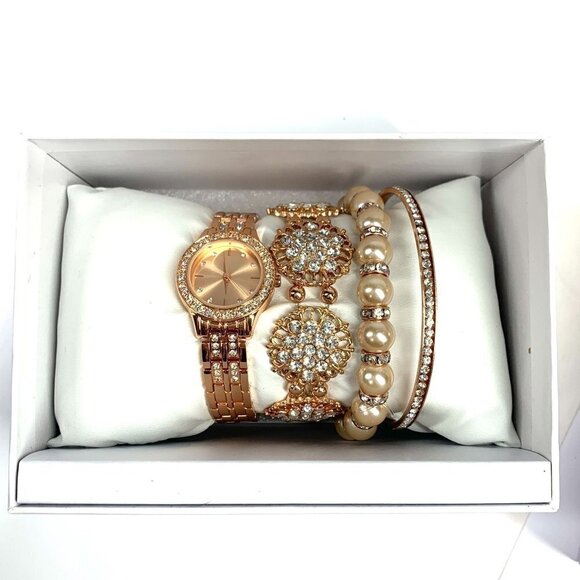 Rose Gold Tone Crystal Watch & Bracelet Gift Set New In Gift Box NWT - Picture 3 of 8